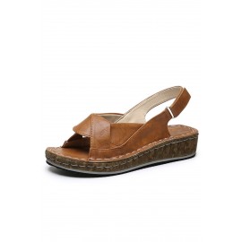 Brown Leather Peep Toe Wedge Sandals